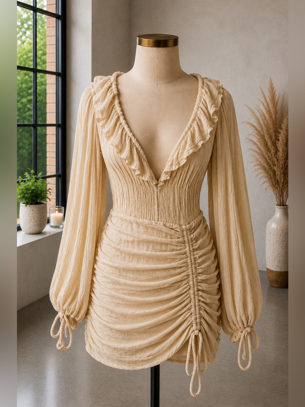 Jen’s Pirate Booty Vambelle Dress XS/S Tan Ruched Boho Mini